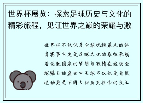 世界杯展览：探索足球历史与文化的精彩旅程，见证世界之巅的荣耀与激情