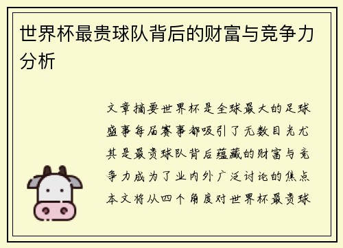 世界杯最贵球队背后的财富与竞争力分析